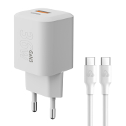 Powertech φορτιστής τοίχου  με καλώδιο, USB/USB-C, 36W, GaN, λευκός