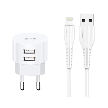 USAMS φορτιστής τοίχου T20 & καλώδιο Lightning 2x USB 2.1A λευκός